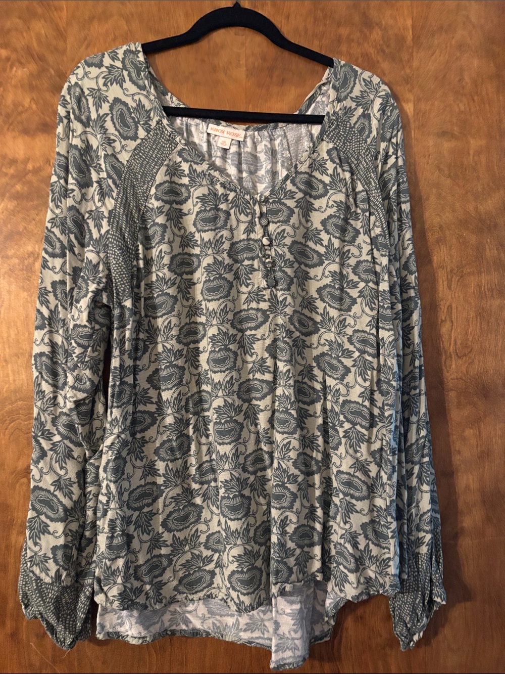 Knox Rose Blue Floral Long-Sleeve Button-Neck Top